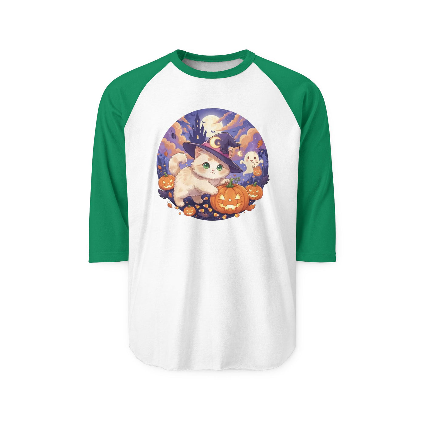 Halloween cute kitten anime style 5 Raglan Shirt, Unisex Halloween Top, Pumpkin Cat Shirt, Cute Cat Tee, Spooky Casual Wear