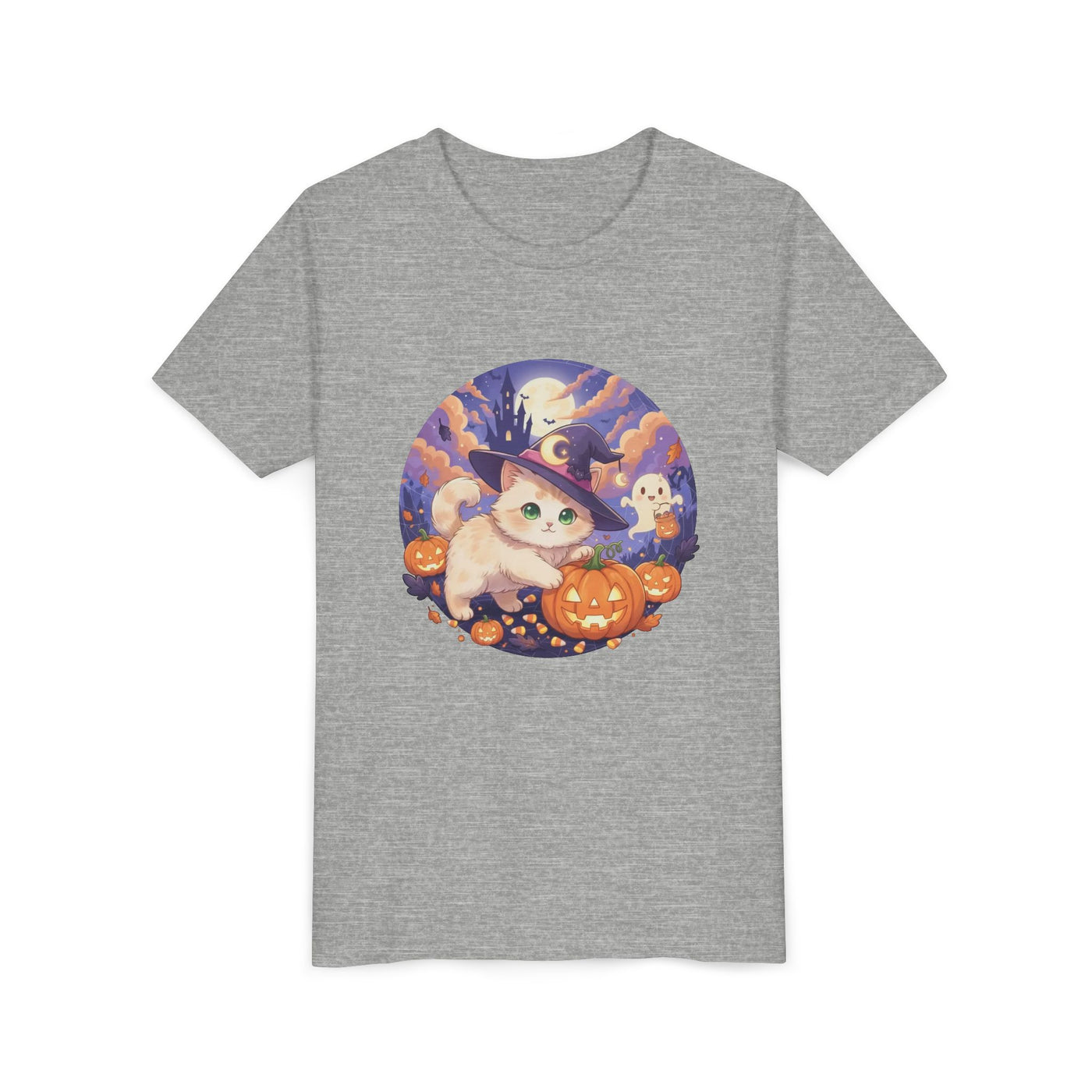 Halloween cute kitten anime style 5 Unisex Youth Tee | T-Shirt, Cute Pumpkin Shirt, Kids Halloween Outfit, Cat Lover Gift, Fun Fall Apparel