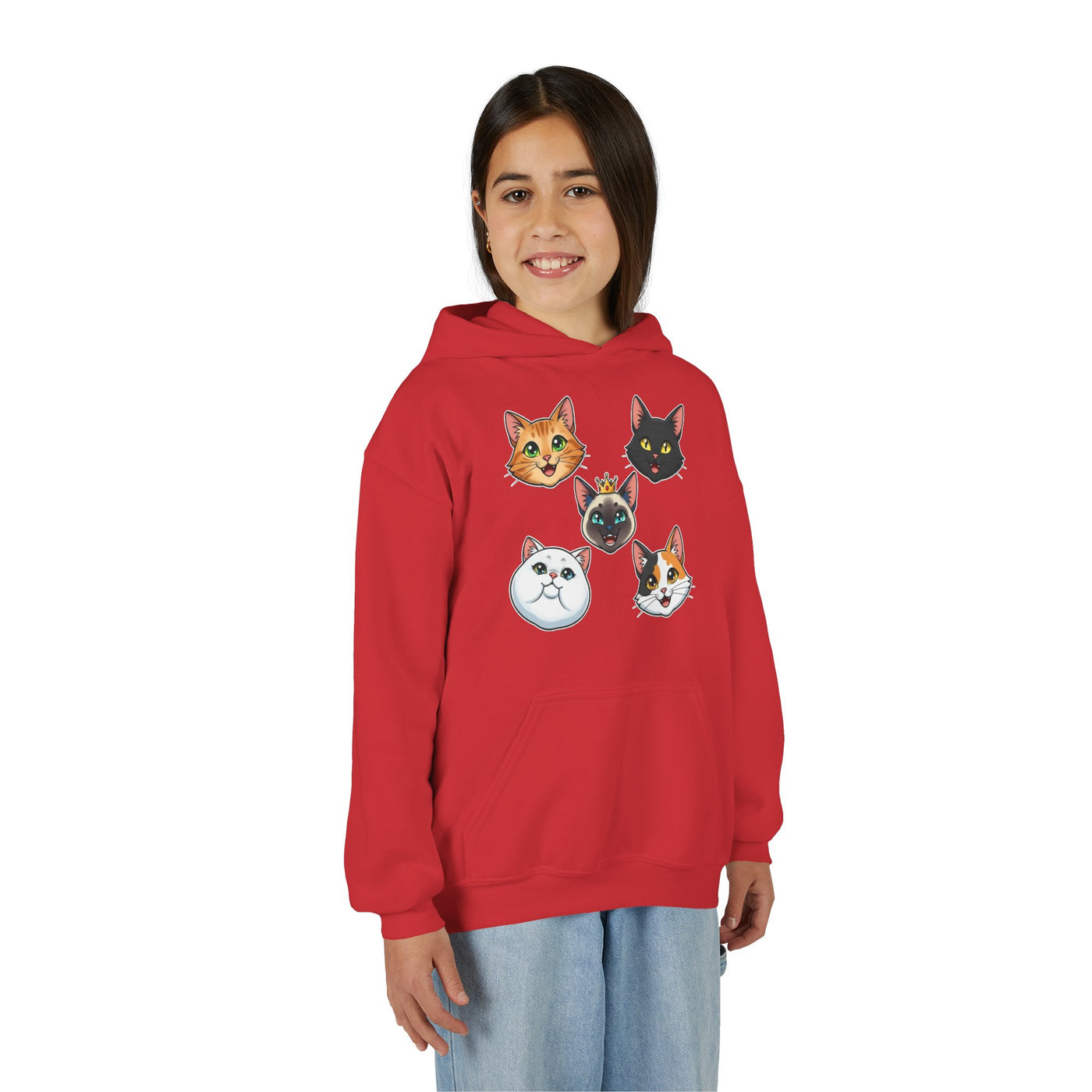 Cute Cat Heads Unisex Youth Hoodie, Fun Pet Lover Sweater, Kids Gift, Animal Lover Apparel, Perfect for Birthdays & Holidays