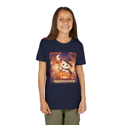 Halloween cute kitten anime style 6 Unisex Youth Tee | T-Shirt, Cute Pumpkin Shirt, Kids Halloween Outfit, Cat Lover Gift, Fun Fall Apparel