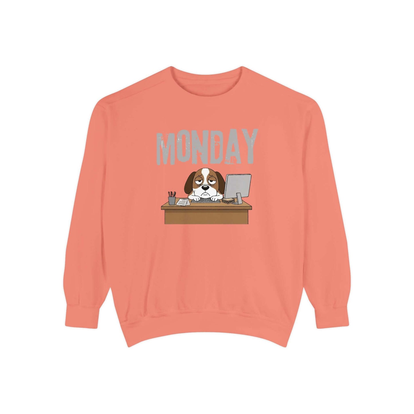 Monday Face Dog Stares Blankly Unisex Crewneck Sweatshirt featuring a dog at a desk with a 'MONDAY' banner.