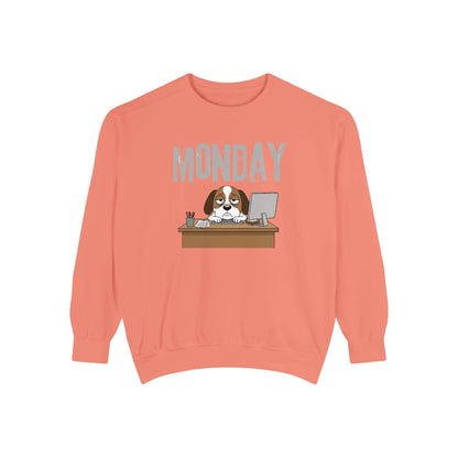Monday Face Dog Stares Blankly Unisex Crewneck Sweatshirt featuring a dog at a desk with a 'MONDAY' banner.