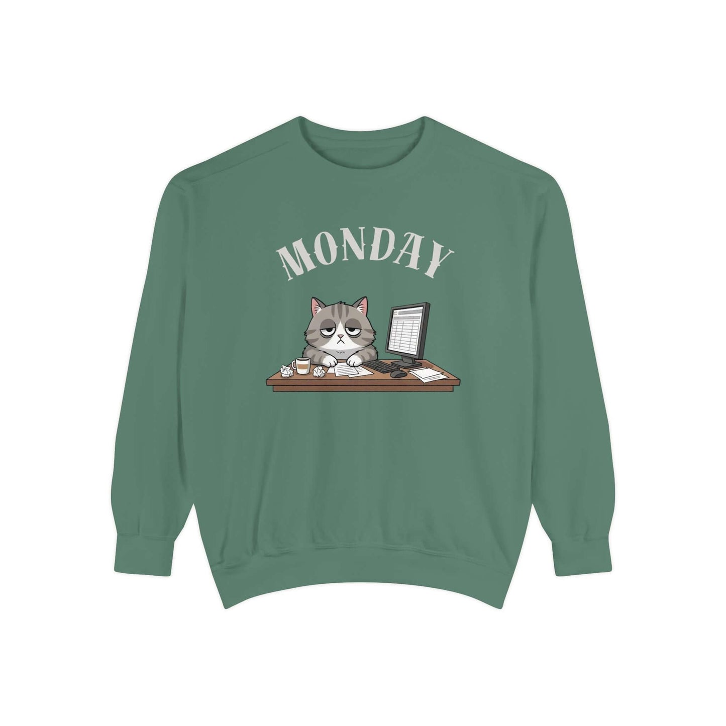 Monday Face Cat Stares Blankly Unisex Crewneck Sweatshirt with cat illustration and 'MONDAY' text.