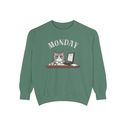 Monday Face Cat Stares Blankly Unisex Crewneck Sweatshirt with cat illustration and 'MONDAY' text.