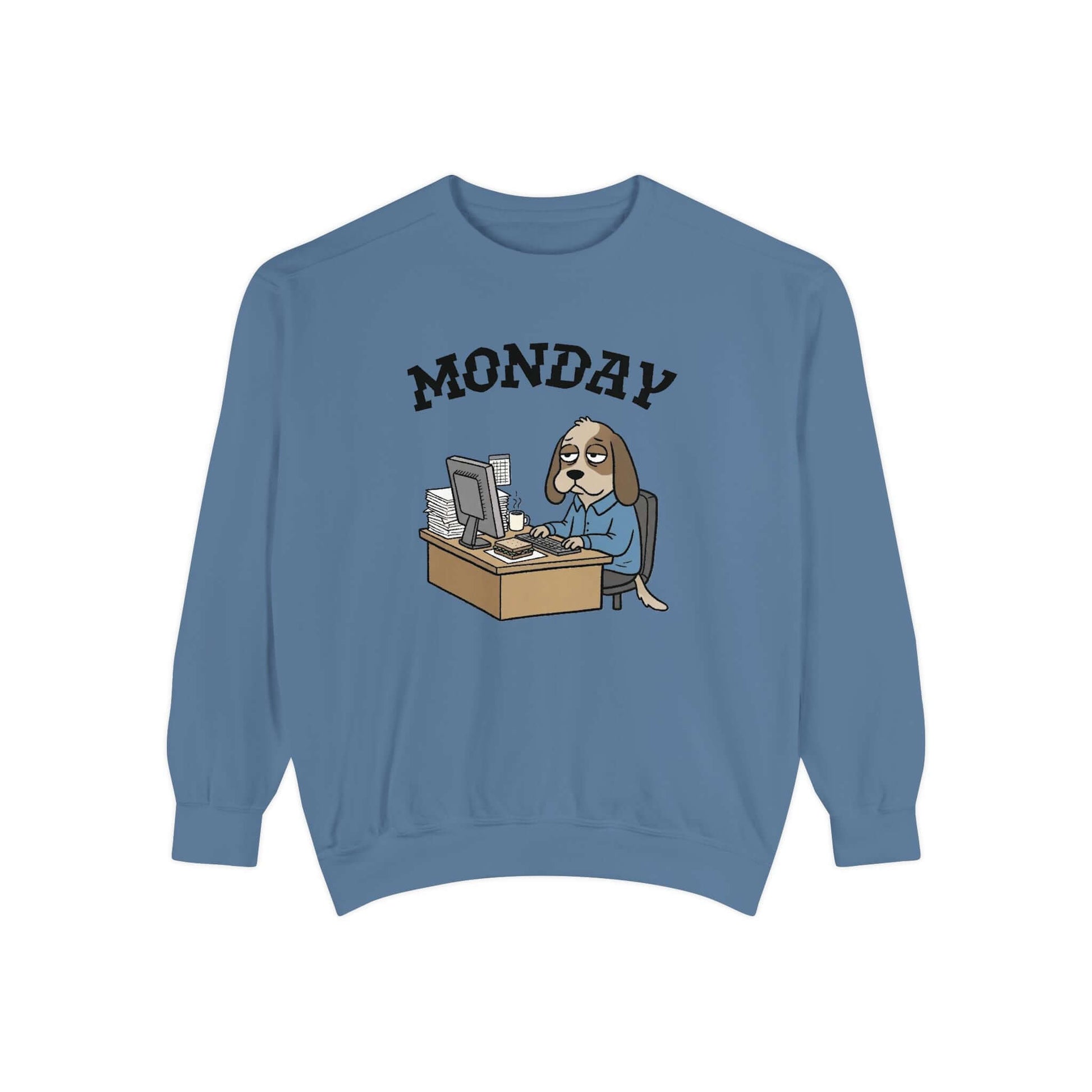 Monday Face Dog Stares Blankly Unisex Crewneck Sweatshirt design featuring a dog at a desk with the word MONDAY.