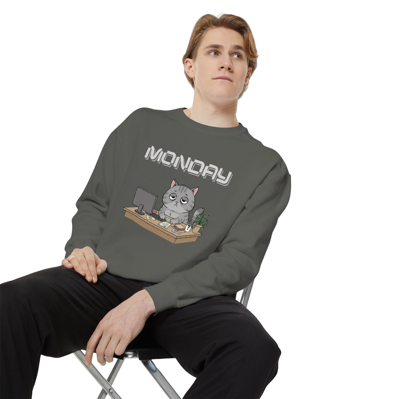 Monday Face Cat Stares Blankly Unisex Crewneck Sweatshirt style 2