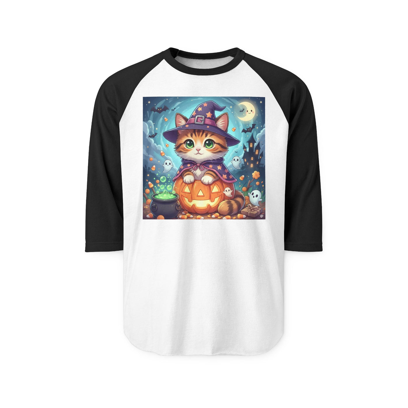 Halloween cute kitten anime style 2 Raglan Shirt, Unisex Halloween Top, Pumpkin Cat Shirt, Cute Cat Tee, Spooky Casual Wear