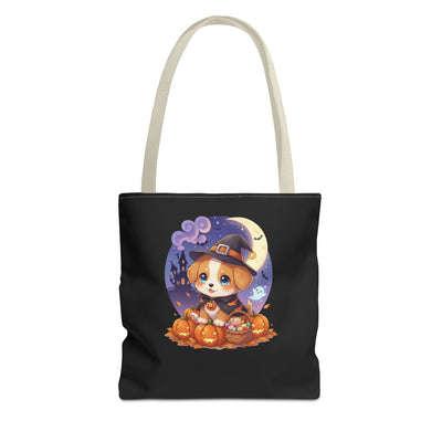 Adorable Halloween Puppy anime style Tote Bag, Pumpkin Lover Gift, Cute Dog Design, Witch Theme, Eco-Friendly Shopping Bag