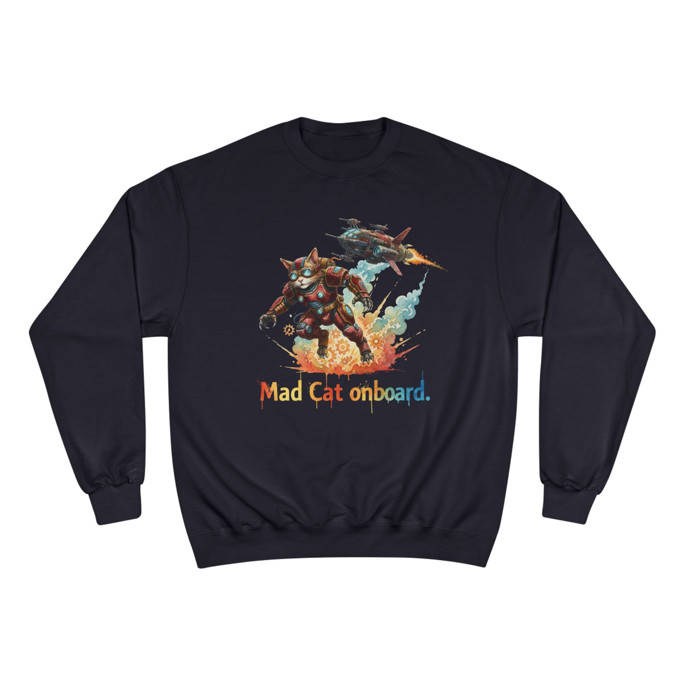 Mad Cat Onboard Graphic style 2 Champion Crewneck Sweatshirt for Gamers & Sci‑Fi Fans