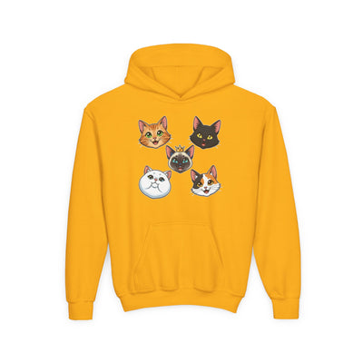 Cute Cat Heads Unisex Youth Hoodie, Fun Pet Lover Sweater, Kids Gift, Animal Lover Apparel, Perfect for Birthdays & Holidays