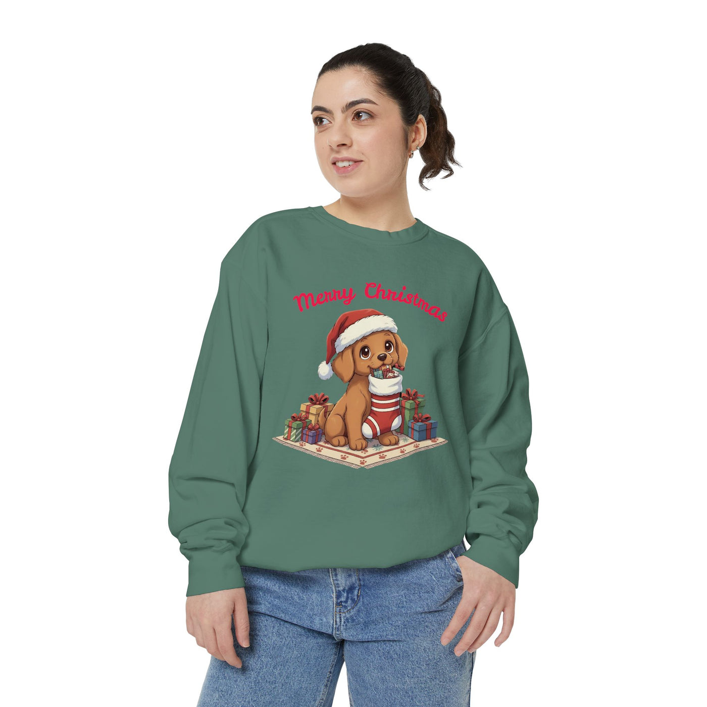Cute Puppy waiting for Christmas presents style 2 Cozy Graphic Unisex Crewneck Sweatshirt