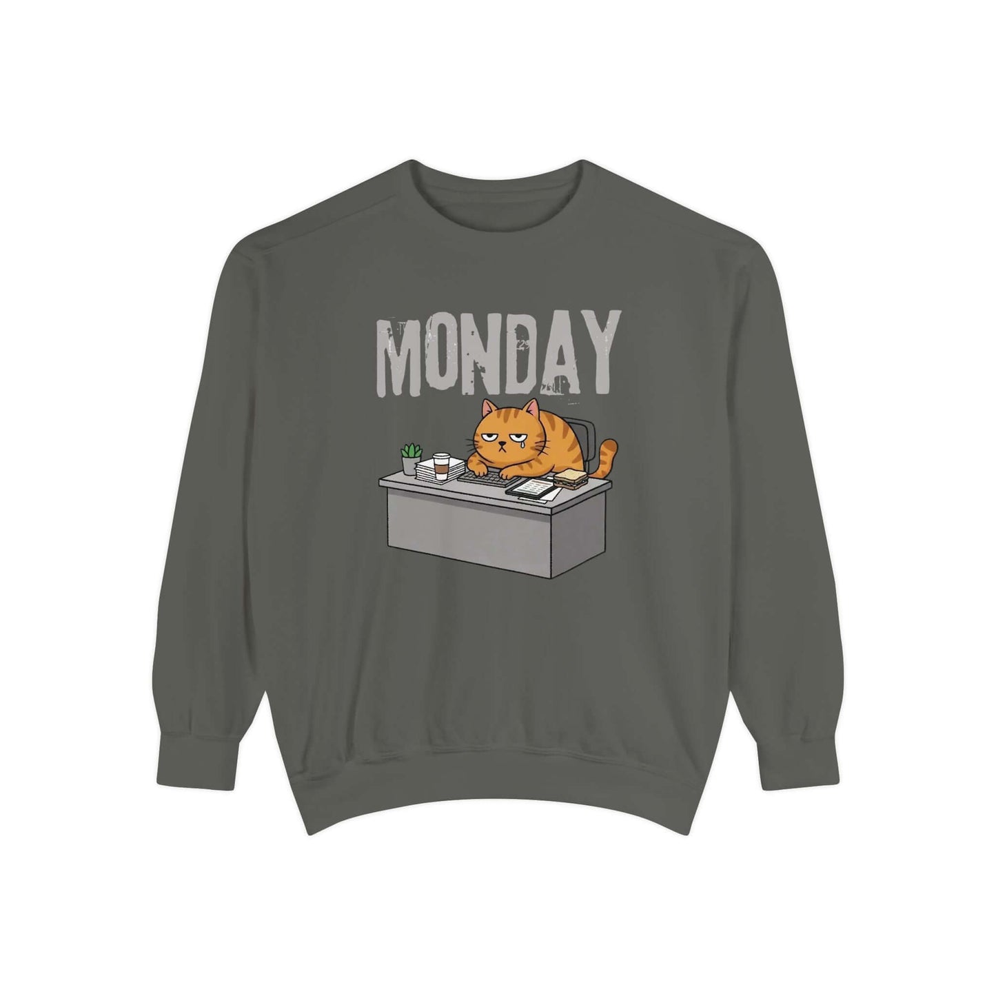 Monday Face Cat Stares Blankly Unisex Crewneck Sweatshirt featuring a grumpy cat with a "MONDAY" banner.