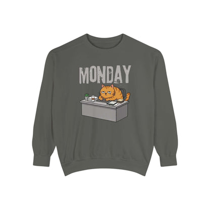 Monday Face Cat Stares Blankly Unisex Crewneck Sweatshirt featuring a grumpy cat with a "MONDAY" banner.