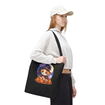 Adorable Halloween Puppy anime style Tote Bag, Pumpkin Lover Gift, Cute Dog Design, Witch Theme, Eco-Friendly Shopping Bag