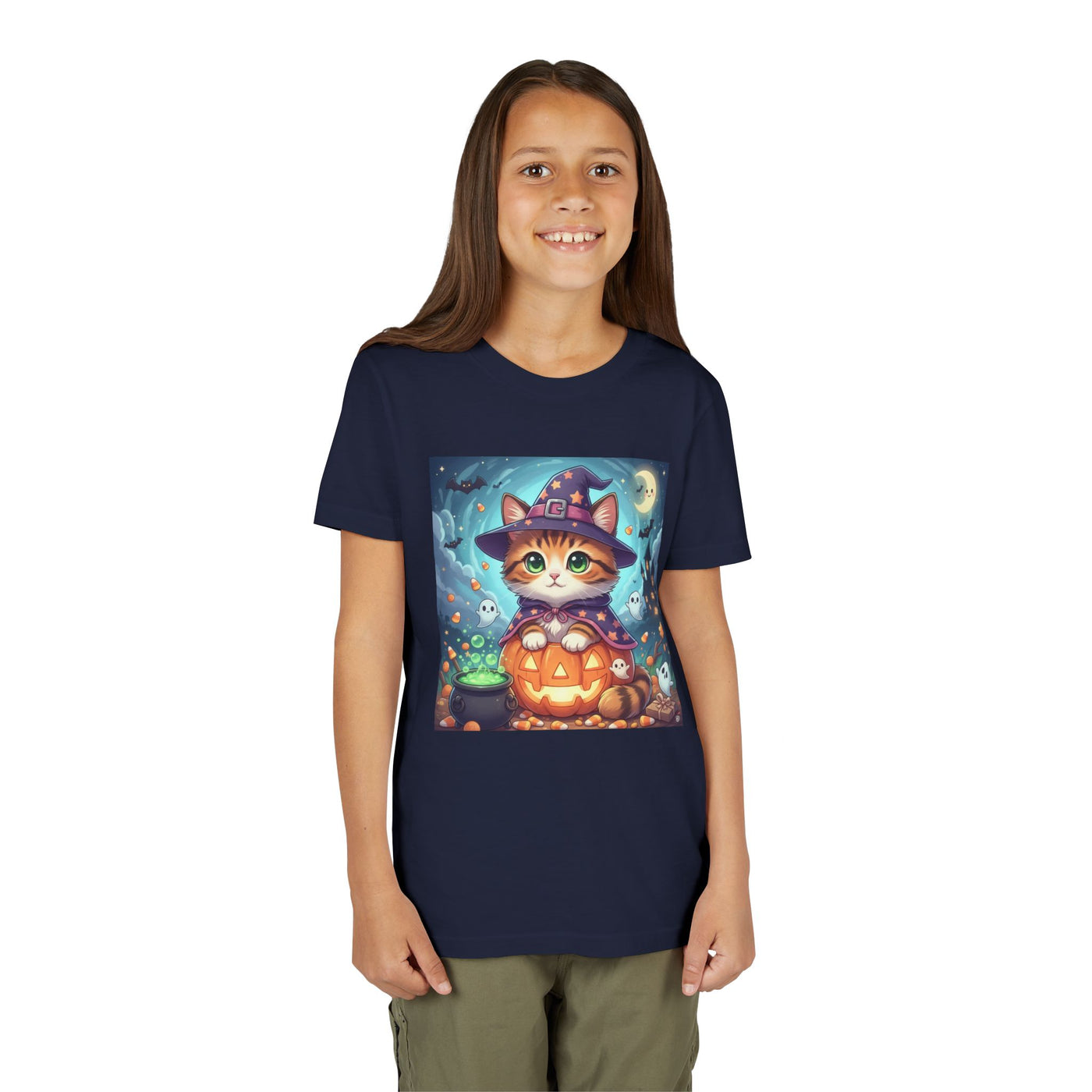 Halloween cute kitten anime style 2 Unisex Youth Tee | T-Shirt, Cute Pumpkin Shirt, Kids Halloween Outfit, Cat Lover Gift, Fun Fall Apparel
