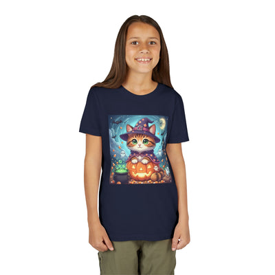 Halloween cute kitten anime style 2 Unisex Youth Tee | T-Shirt, Cute Pumpkin Shirt, Kids Halloween Outfit, Cat Lover Gift, Fun Fall Apparel