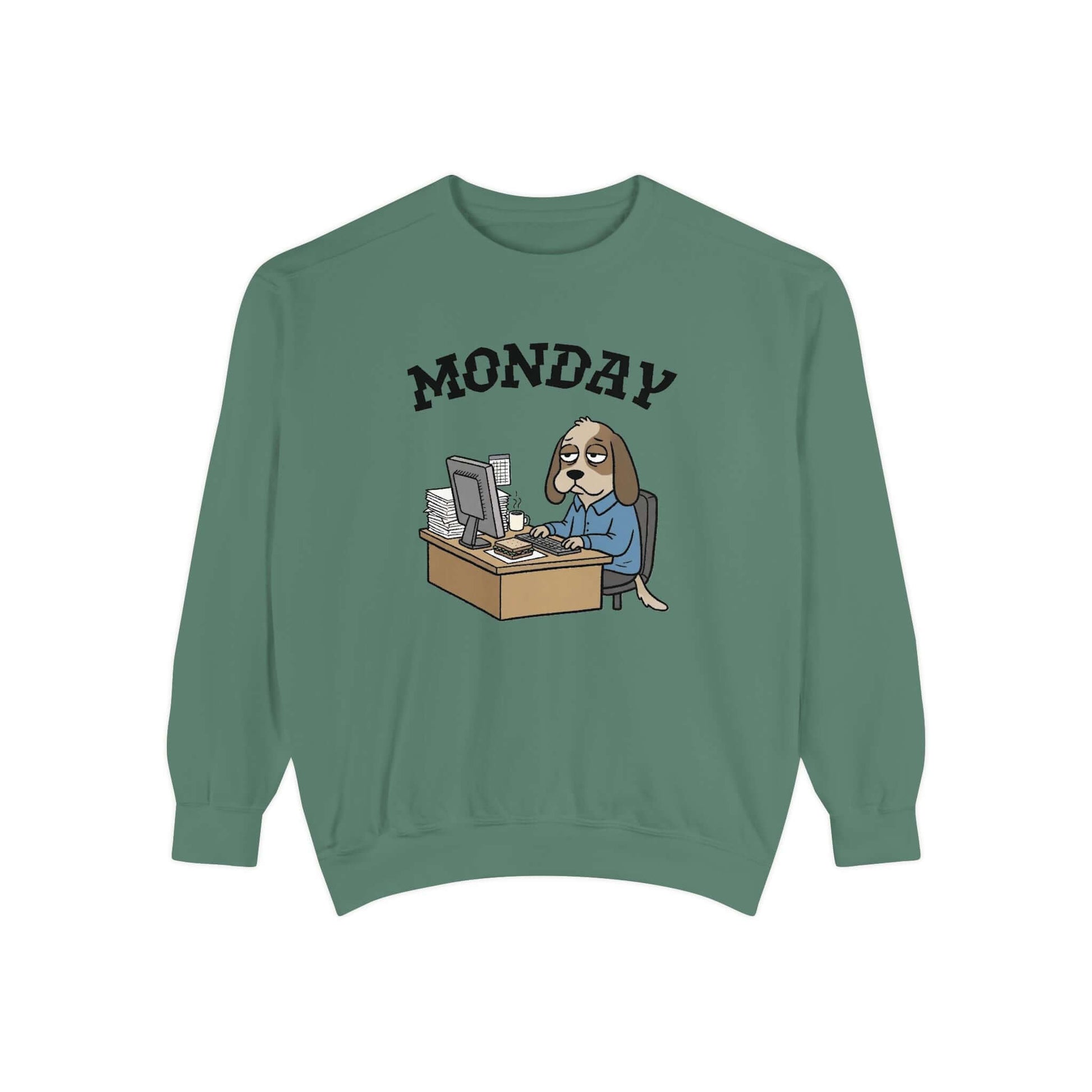 Monday Face Dog Stares Blankly Unisex Crewneck Sweatshirt featuring a cartoon dog at a desk with a 'MONDAY' banner.