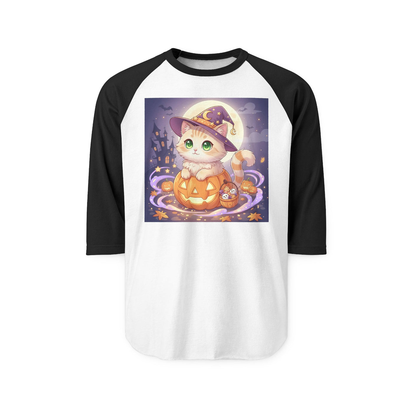 Halloween cute kitten anime style 4 Raglan Shirt, Unisex Halloween Top, Pumpkin Cat Shirt, Cute Cat Tee, Spooky Casual Wear