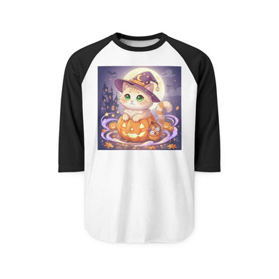 Halloween cute kitten anime style 4 Raglan Shirt, Unisex Halloween Top, Pumpkin Cat Shirt, Cute Cat Tee, Spooky Casual Wear