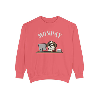 Monday Face Dog Stares Blankly Unisex Crewneck Sweatshirt with cartoon dog and MONDAY text.