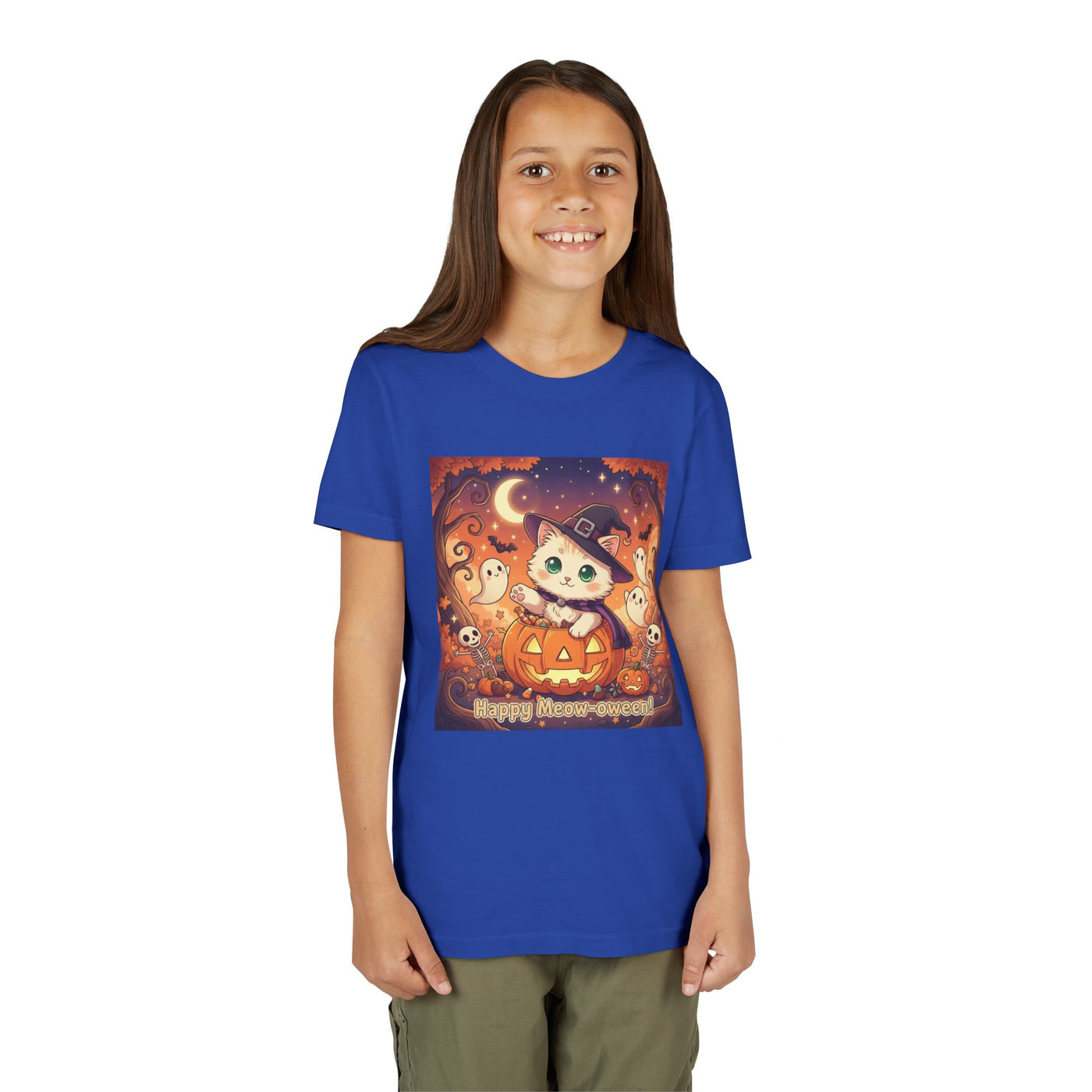 Halloween cute kitten anime style 6 Unisex Youth Tee | T-Shirt, Cute Pumpkin Shirt, Kids Halloween Outfit, Cat Lover Gift, Fun Fall Apparel