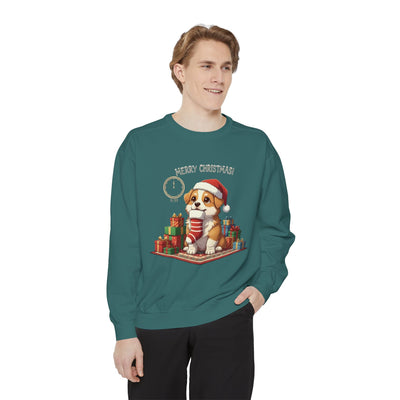 Cute Puppy waiting for Christmas presents style 1 Cozy Graphic Unisex Crewneck Sweatshirt