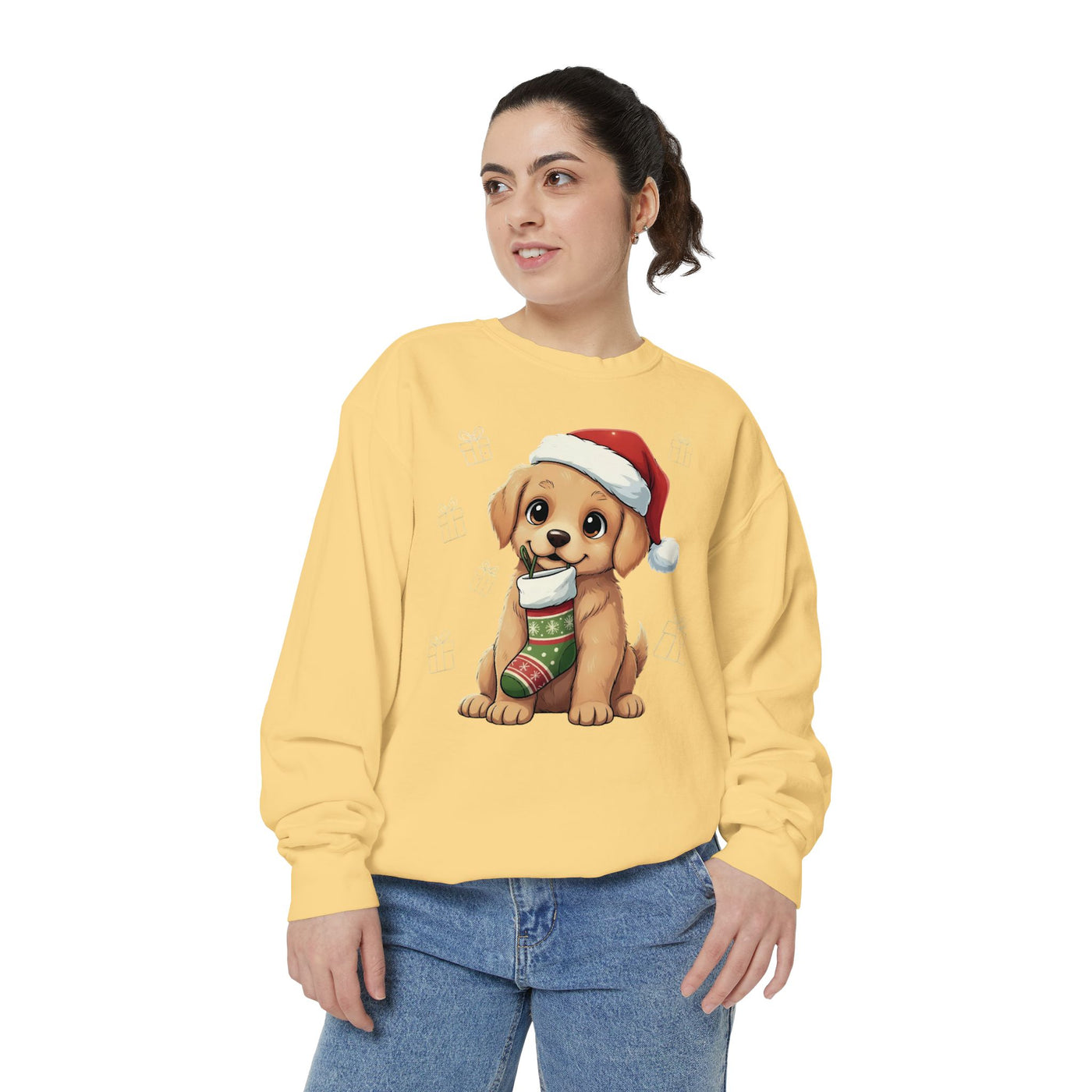 Cute Puppy waiting for Christmas presents style 4 Cozy Graphic Unisex Crewneck Sweatshirt