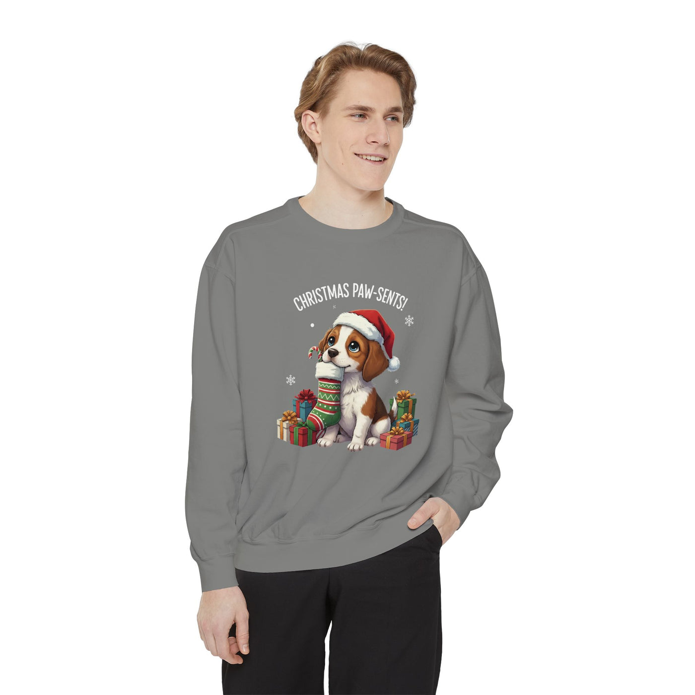 Cute Puppy waiting for Christmas presents style 3 Cozy Graphic Unisex Crewneck Sweatshirt