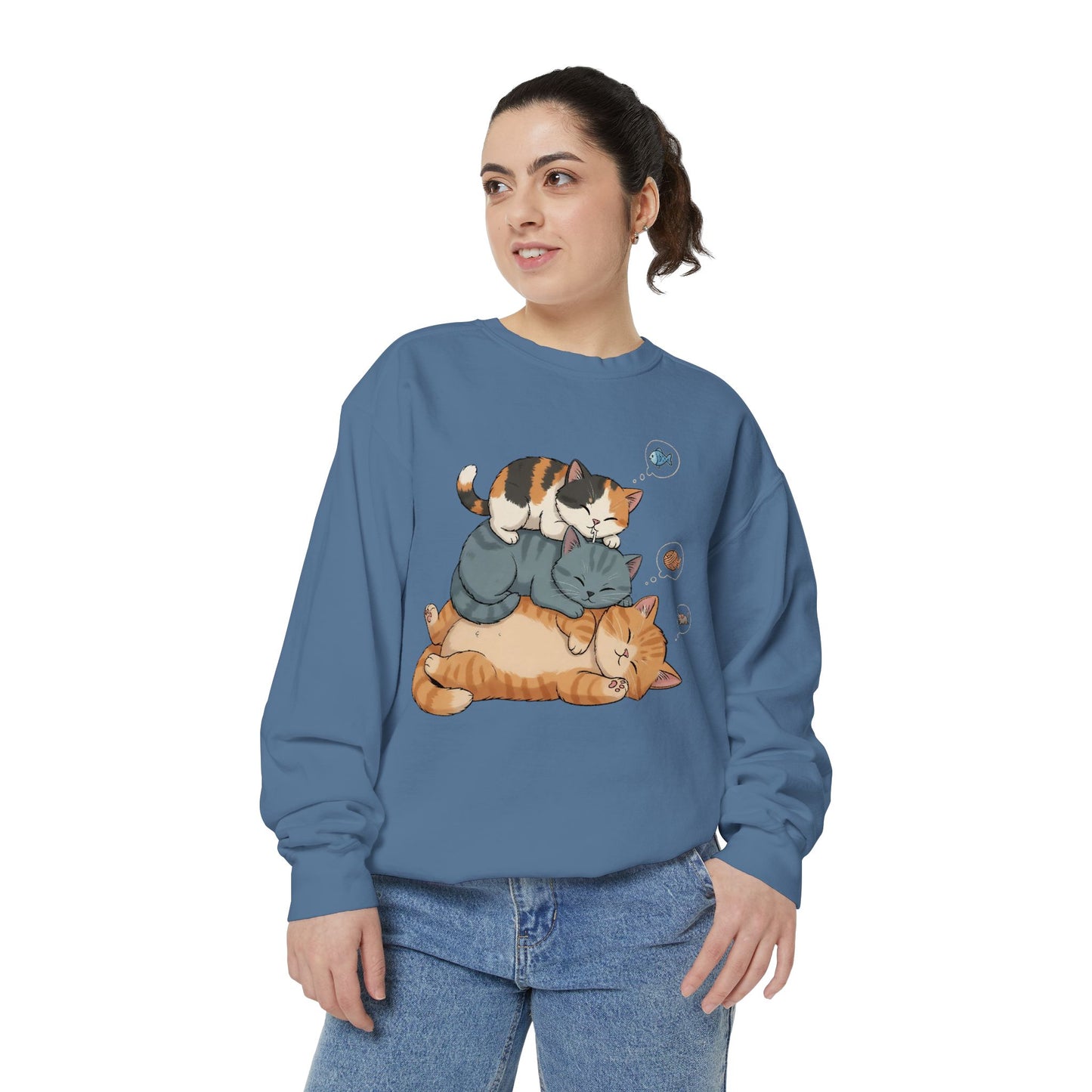 3 Cute Sleeping Cats Cozy Graphic Unisex Crewneck Sweatshirt style 2