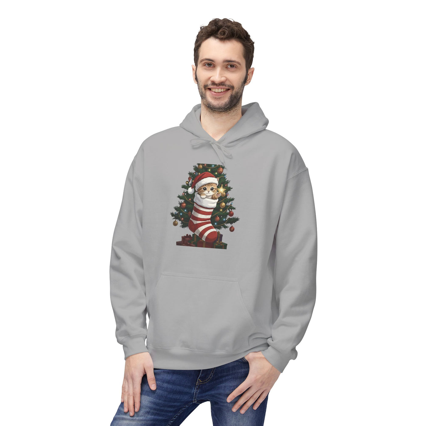 Adorable kitten hiding in Christmas stocking style 3 Cozy Graphic Unisex Midweight Softstyle Fleece Hoodie