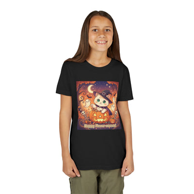 Halloween cute kitten anime style 6 Unisex Youth Tee | T-Shirt, Cute Pumpkin Shirt, Kids Halloween Outfit, Cat Lover Gift, Fun Fall Apparel