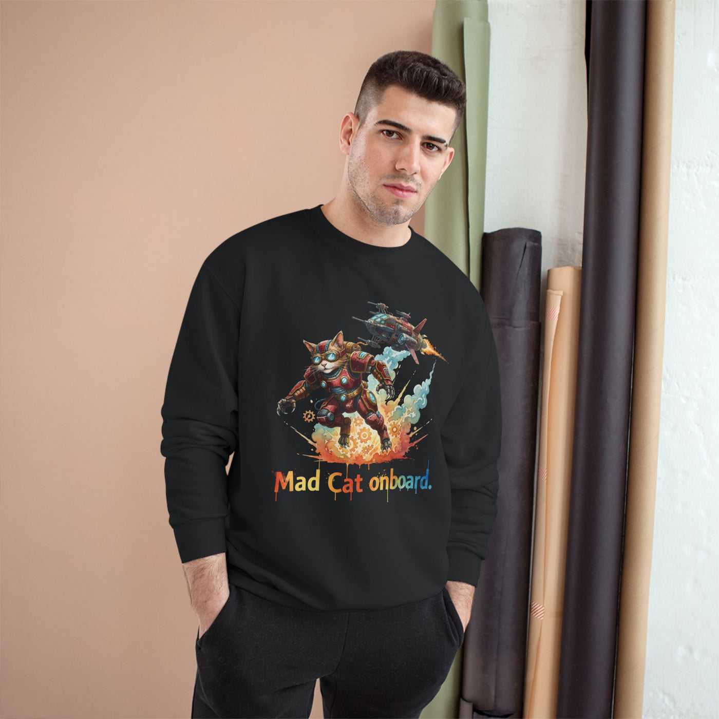 Mad Cat Onboard Graphic style 2 Champion Crewneck Sweatshirt for Gamers & Sci‑Fi Fans