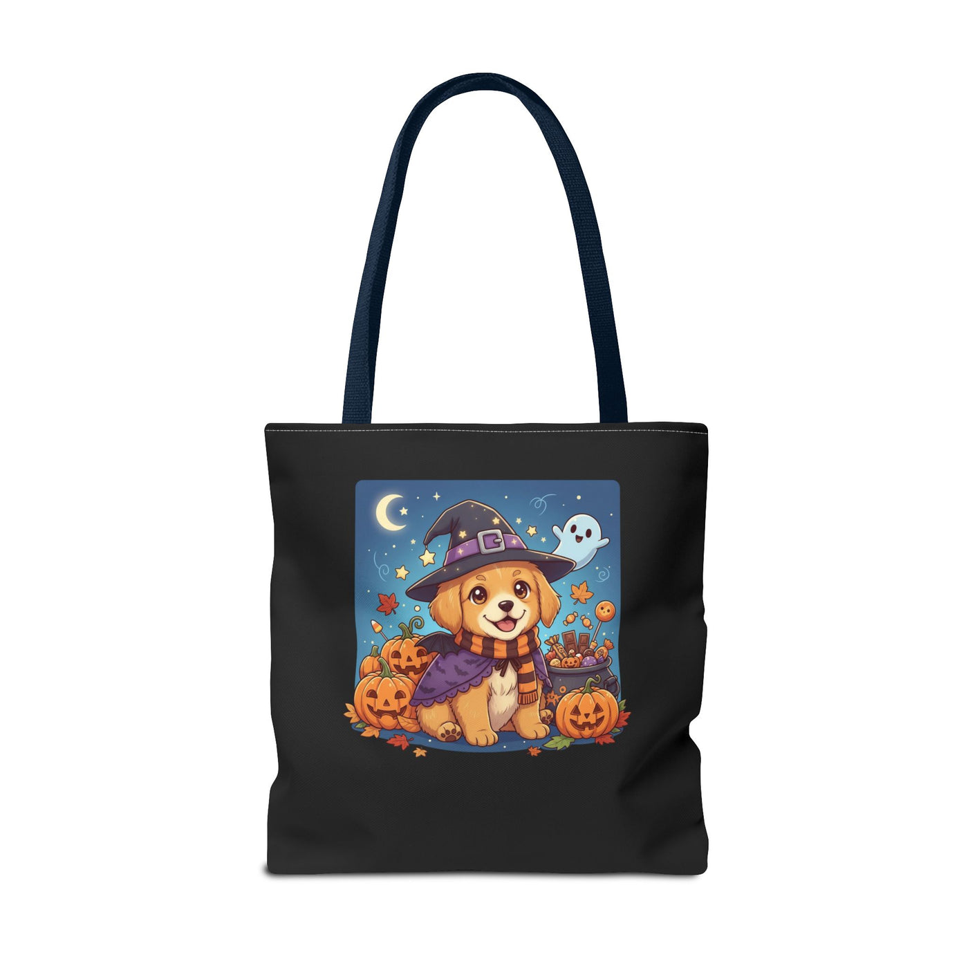 Adorable Halloween Puppy anime style Tote Bag, Pumpkin Lover Gift, Cute Dog Design, Witch Theme, Eco-Friendly Shopping Bag