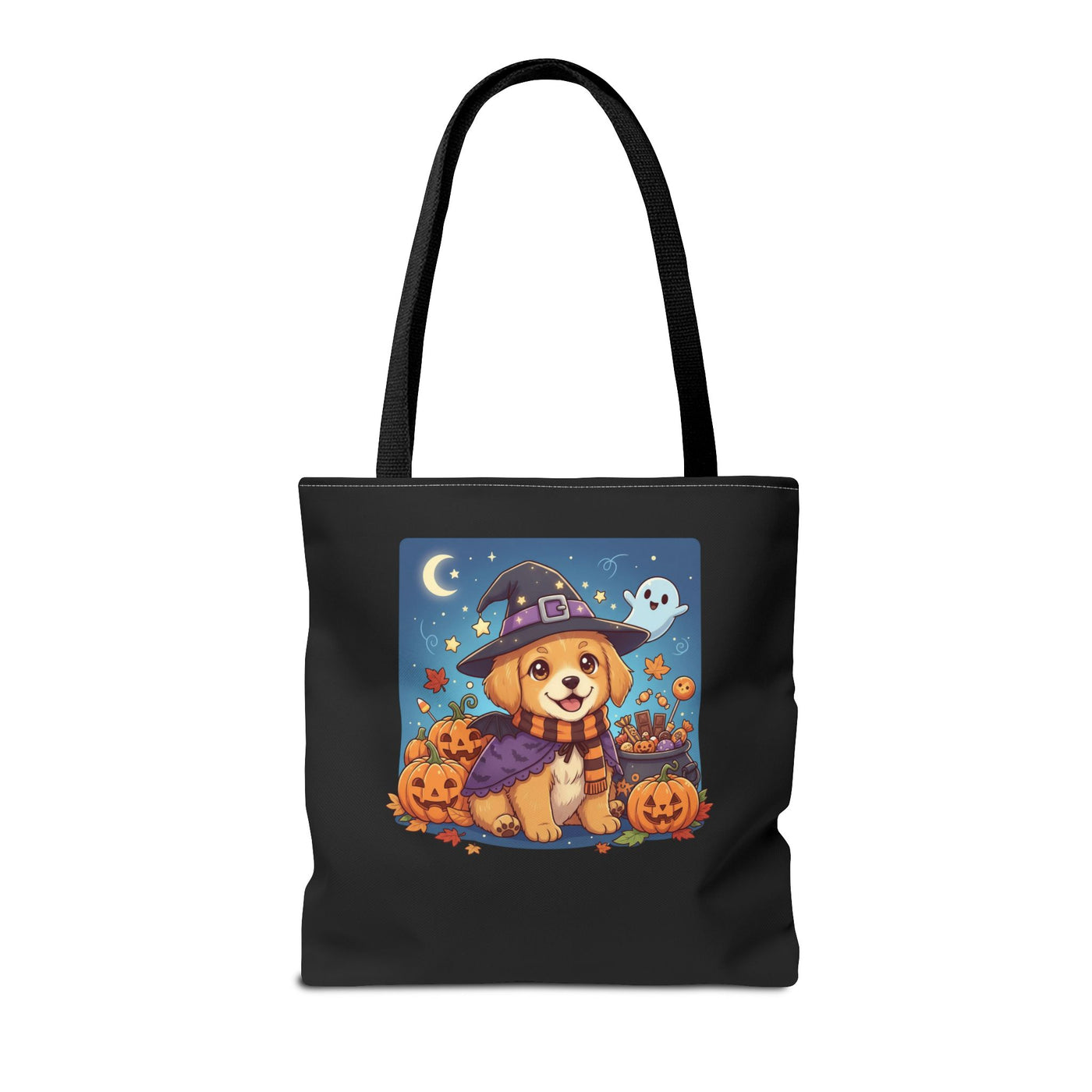 Adorable Halloween Puppy anime style Tote Bag, Pumpkin Lover Gift, Cute Dog Design, Witch Theme, Eco-Friendly Shopping Bag