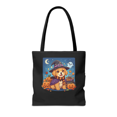 Adorable Halloween Puppy anime style Tote Bag, Pumpkin Lover Gift, Cute Dog Design, Witch Theme, Eco-Friendly Shopping Bag