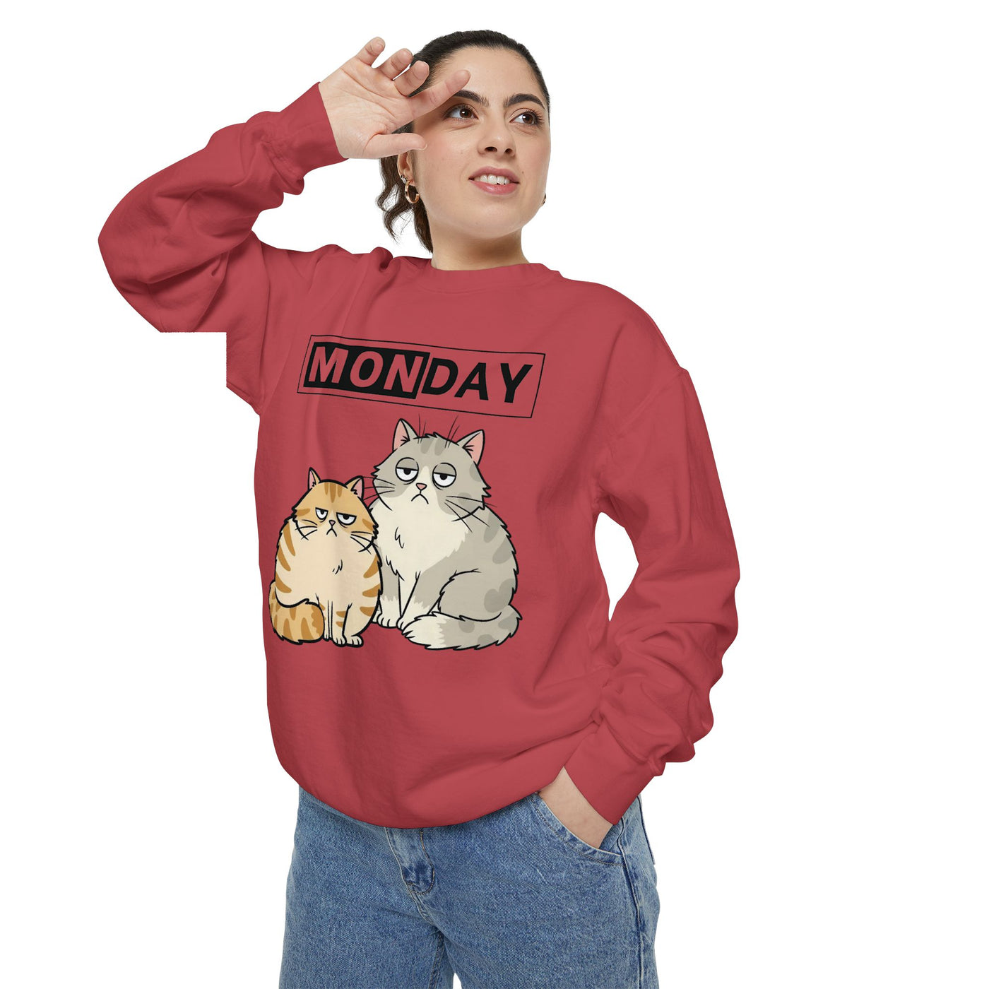 Monday Face Cat Stares Blankly Unisex Crewneck Sweatshirt style 1