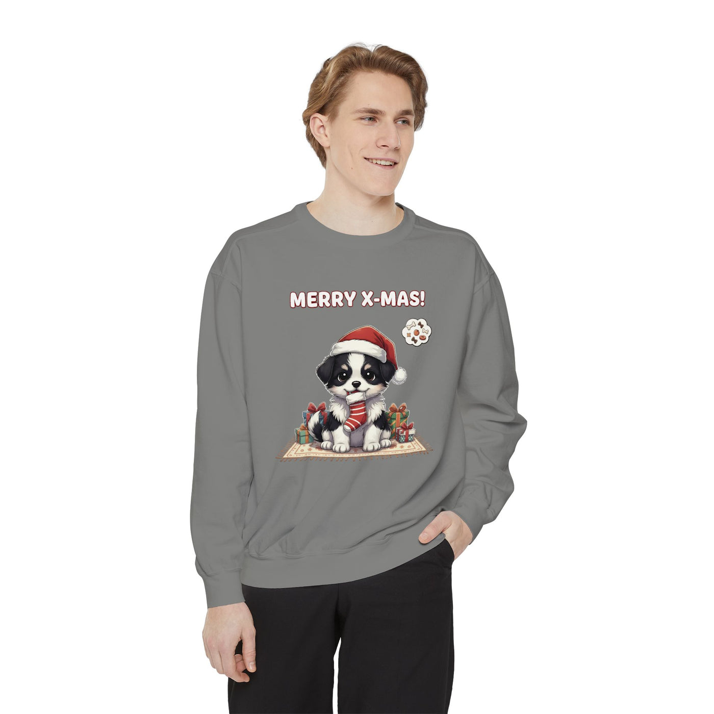 Cute Puppy waiting for Christmas presents style 7 Cozy Graphic Unisex Crewneck Sweatshirt