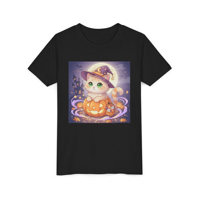 Halloween cute kitten anime style 4 Unisex Youth Tee | T-Shirt, Cute Pumpkin Shirt, Kids Halloween Outfit, Cat Lover Gift, Fun Fall Apparel