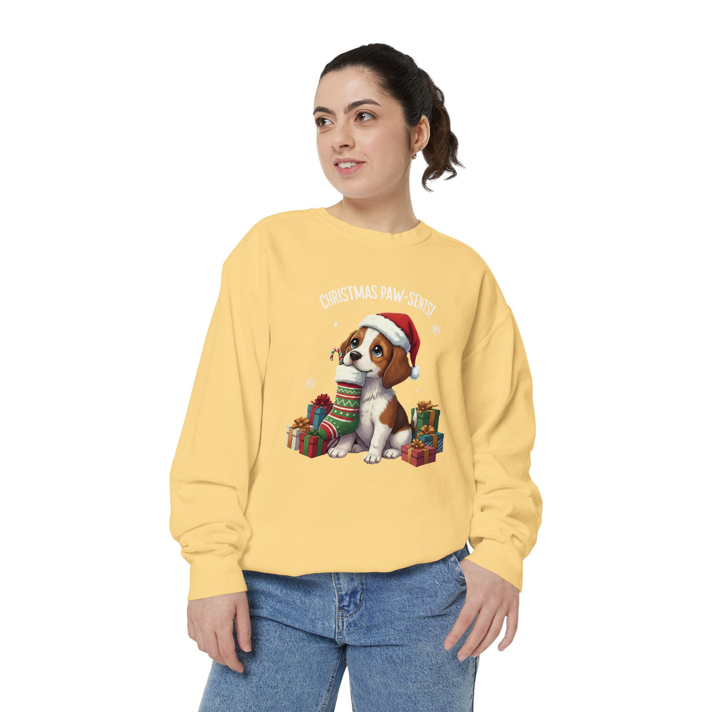 Cute Puppy waiting for Christmas presents style 3 Cozy Graphic Unisex Crewneck Sweatshirt