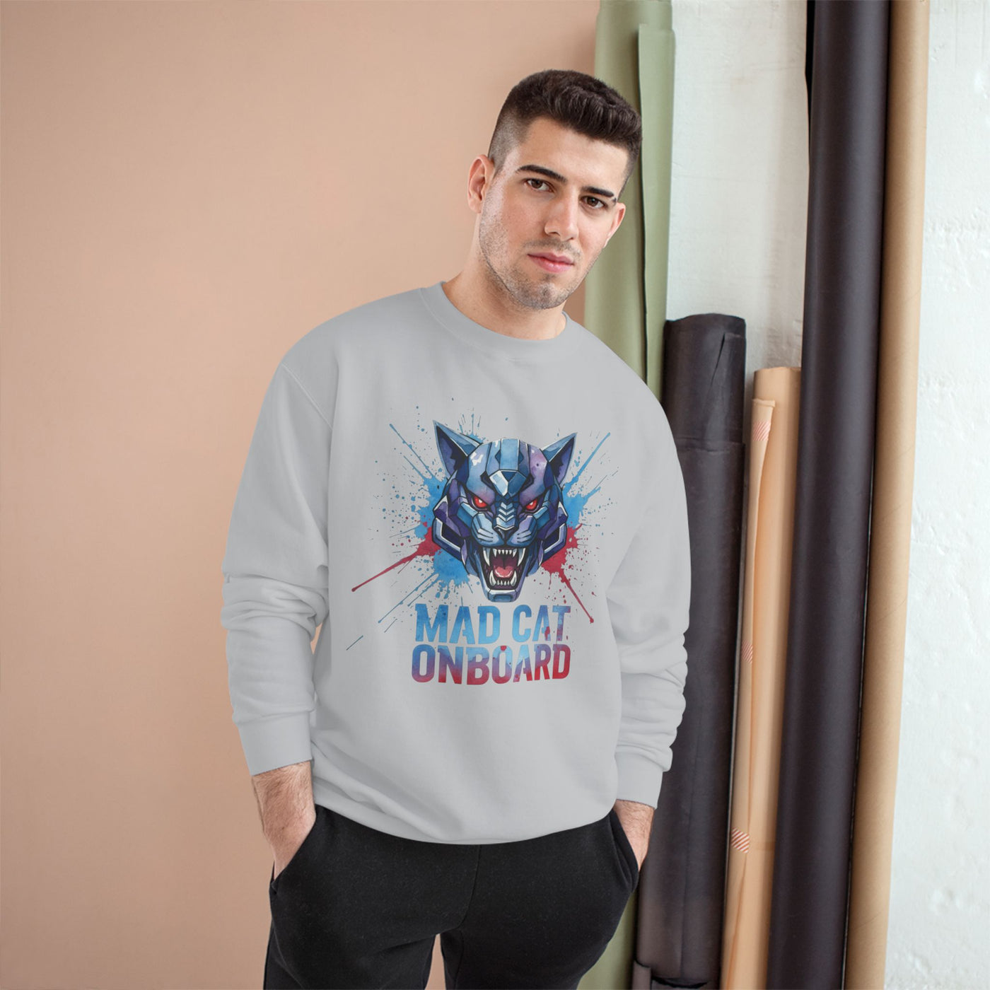 Mad Cat Onboard Graphic style 3 Champion Crewneck Sweatshirt for Gamers & Sci‑Fi Fans