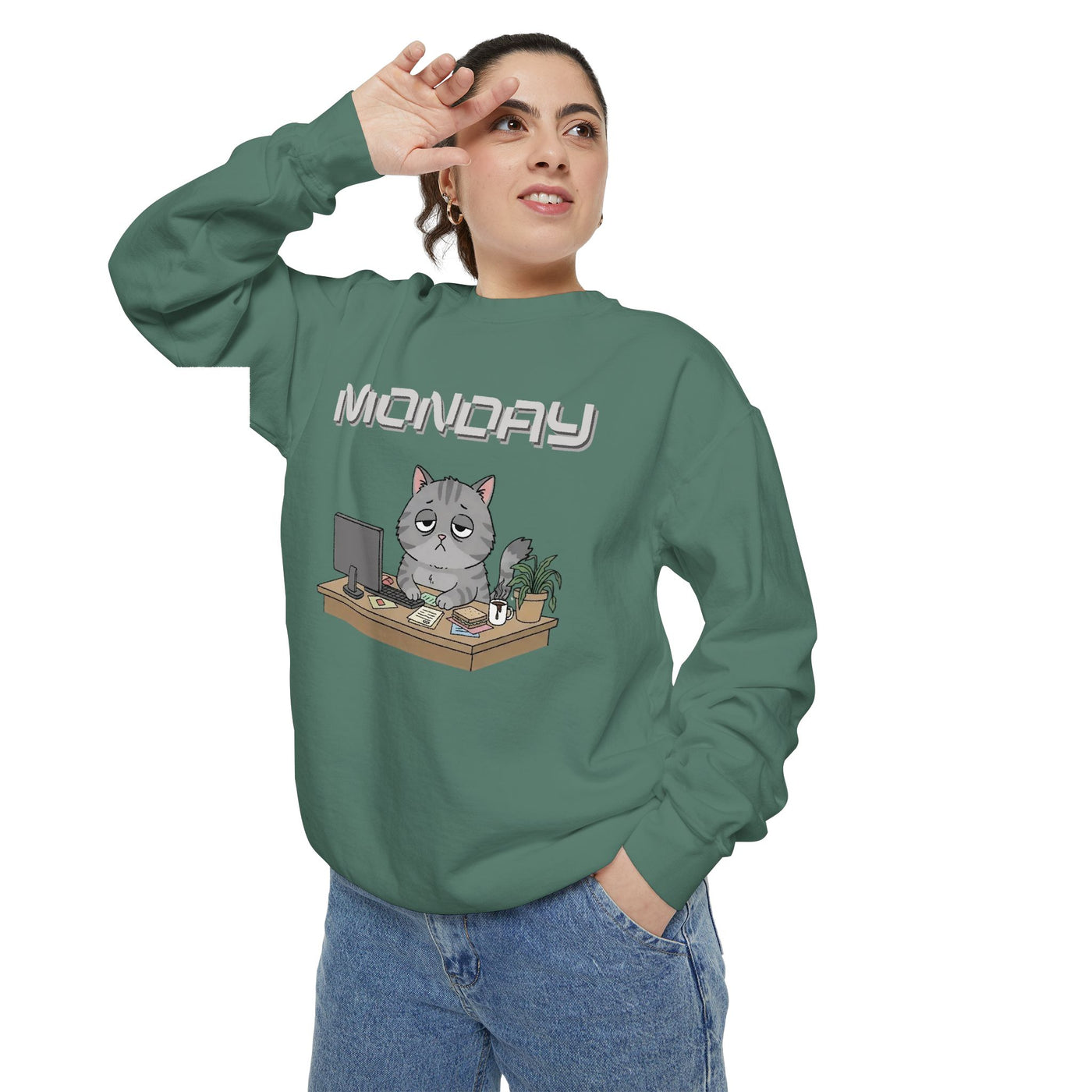 Monday Face Cat Stares Blankly Unisex Crewneck Sweatshirt style 2
