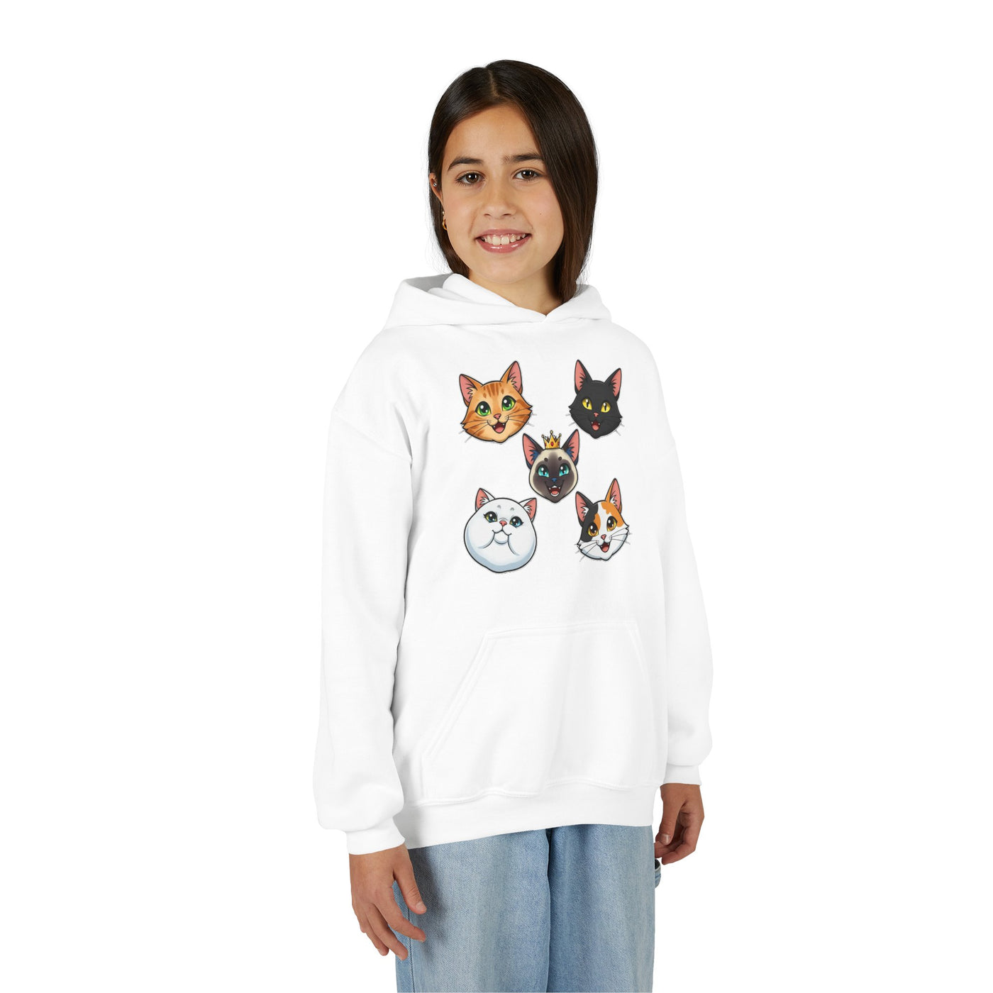 Cute Cat Heads Unisex Youth Hoodie, Fun Pet Lover Sweater, Kids Gift, Animal Lover Apparel, Perfect for Birthdays & Holidays