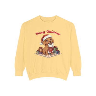 Cute Puppy waiting for Christmas presents style 2 Cozy Graphic Unisex Crewneck Sweatshirt