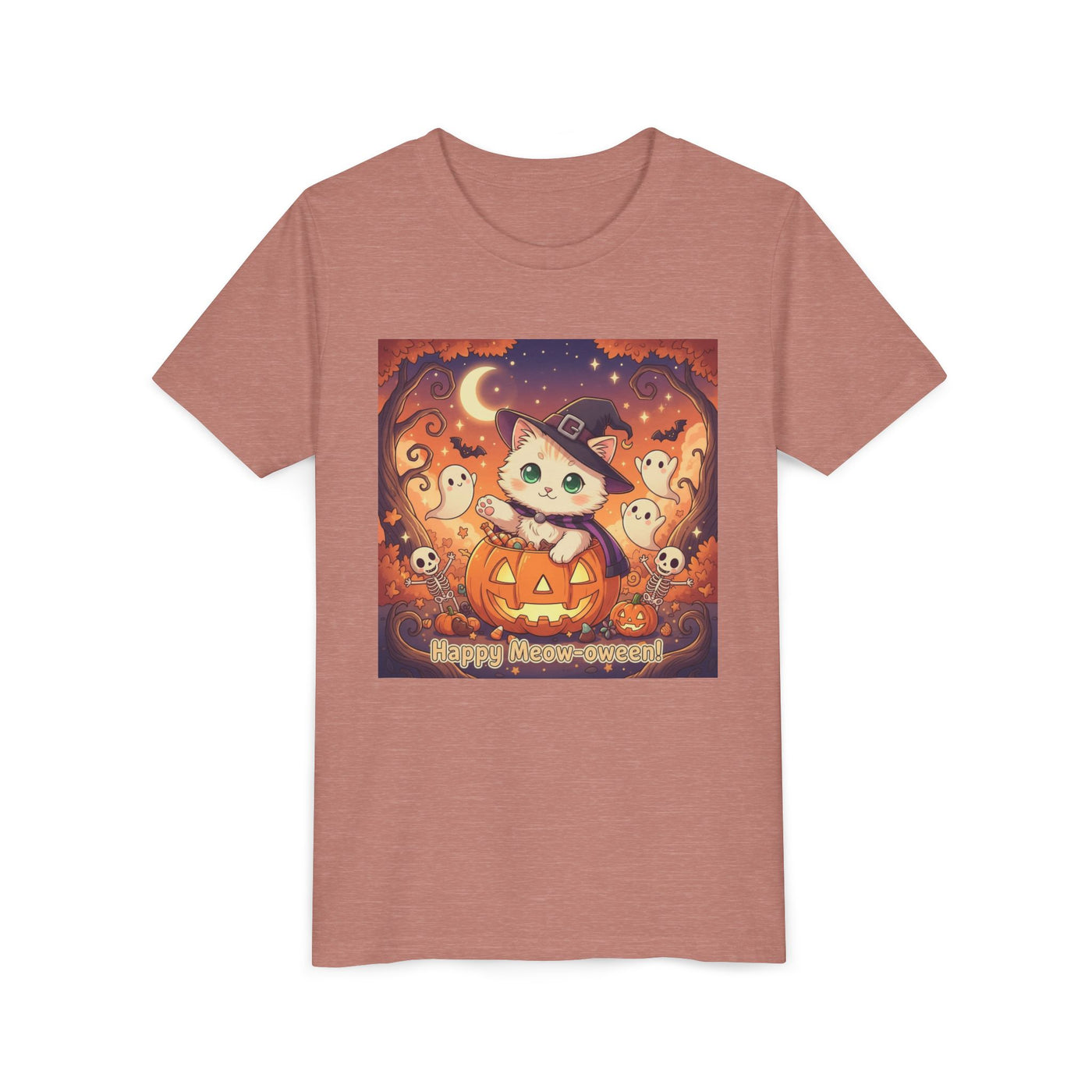 Halloween cute kitten anime style 6 Unisex Youth Tee | T-Shirt, Cute Pumpkin Shirt, Kids Halloween Outfit, Cat Lover Gift, Fun Fall Apparel