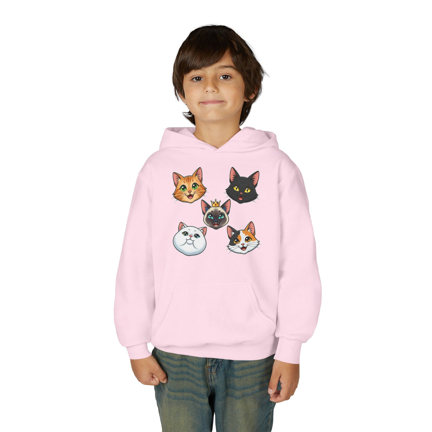Cute Cat Heads Unisex Youth Hoodie, Fun Pet Lover Sweater, Kids Gift, Animal Lover Apparel, Perfect for Birthdays & Holidays