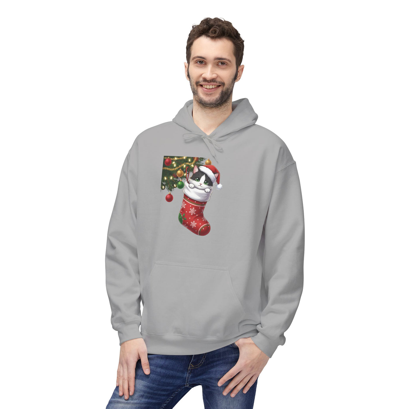 Adorable kitten hiding in Christmas stocking style 1 Cozy Graphic Unisex Midweight Softstyle Fleece Hoodie