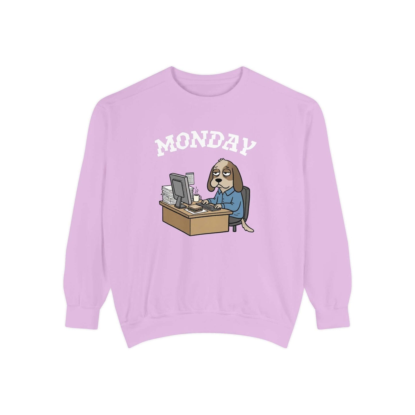 Monday Face Dog Stares Blankly Unisex Crewneck Sweatshirt in pastel pink featuring a cartoon dog at a desk.