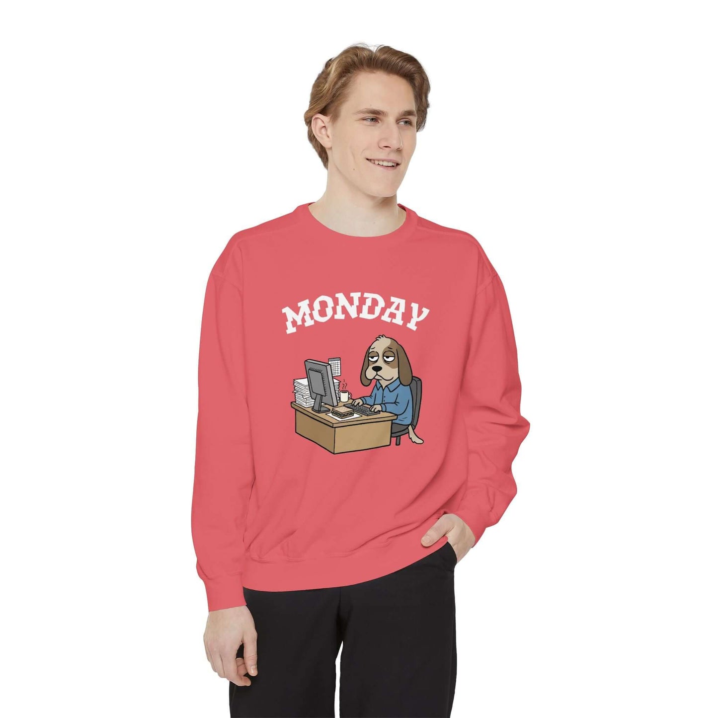 Monday Face Dog Stares Blankly Unisex Crewneck Sweatshirt featuring a cartoon dog at a desk with MONDAY printed above.