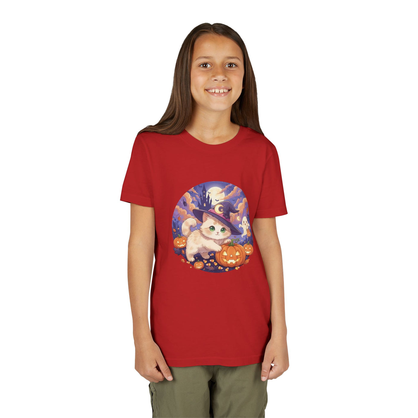 Halloween cute kitten anime style 5 Unisex Youth Tee | T-Shirt, Cute Pumpkin Shirt, Kids Halloween Outfit, Cat Lover Gift, Fun Fall Apparel