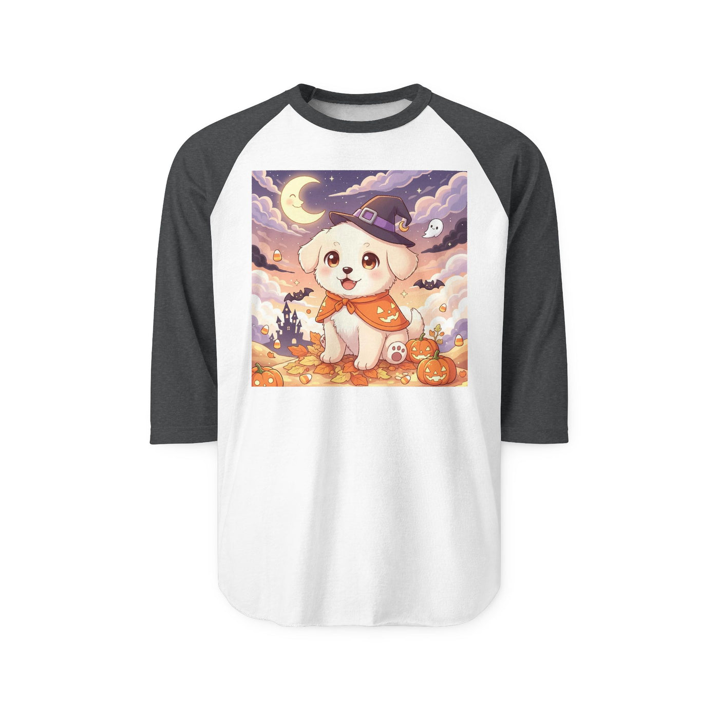 Halloween cute puppy anime style 2 Raglan Shirt, Cute Pet Shirt, Fall Apparel, Unisex Halloween Outfit, Gift for Dog Lovers, Spooky Season Tee
